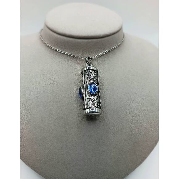 Stainless Steel Blue Glass Urn Necklace Keepsake Pendant 21" Chain - Picture 1 of 3